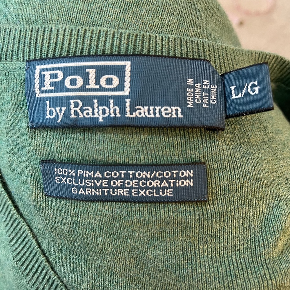 Polo Ralph Lauren Green V-Neck Fine Gauge Pima Cotton Sweater Men’s Size Large - Picture 7 of 8